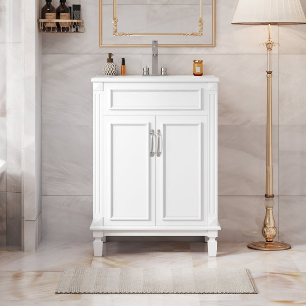 English Elm 24'' Bathroom Vanity with Sink - Solid Wood Frame, Glossy Ceramic Basin, Soft-Close Doors & Ample Storage Elegant Modern Design, Durable MDF Construction, Retro Metal Handles, Compact 24-inch Cabinet White N710P317675K