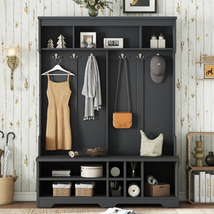 English Elm Modern Entryway Hall Tree with Six Hooks Bench Seat and Open Shoe Cubbies Black W1580S00618