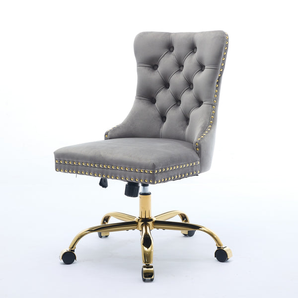 English Elm A&A Velvet Tufted Office Chair with Hand-Pulled Buttons, Nailhead Trim & Golden Metal Base, Luxe Comfort Gray W1143P292468