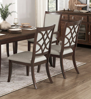 English Elm Formal Cherry Wood Seven Piece Extendable Dining Set with Walnut Inlay Upholstered Chairs B011S02265