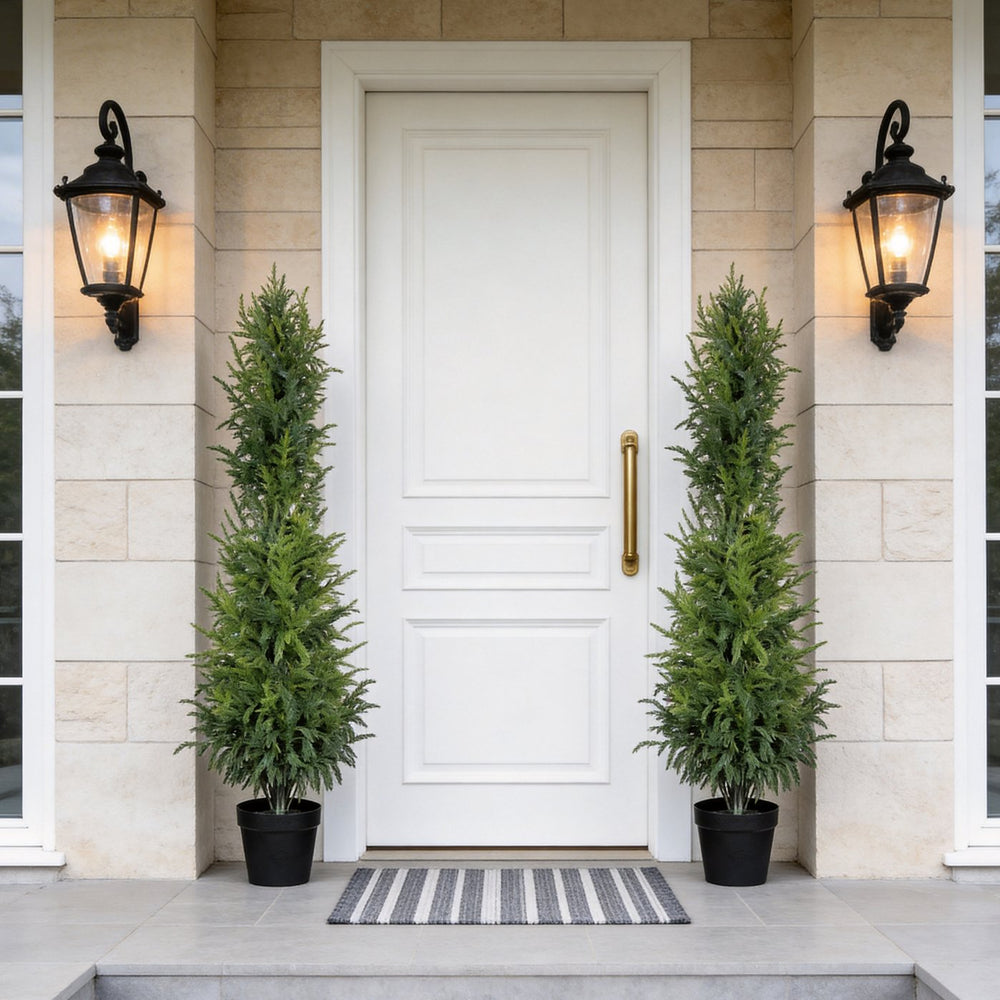 English Elm 5' Artificial Pine Tree Set of 2 with Real Touch Foliage in Sleek Black Pots W3912P437637