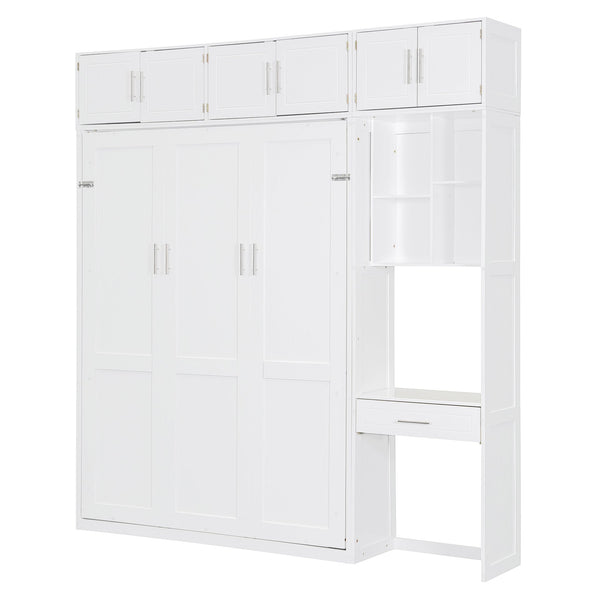 English Elm Full Size Murphy Wall Bed with Fold Away Desk Cabinet and Shelves for Small Spaces N708S00020K-1