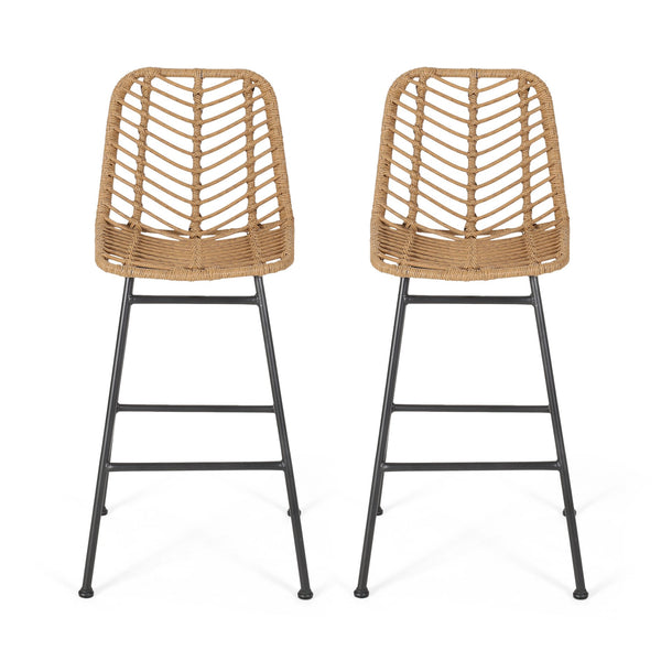 English Elm Christopher Knight Home® - Sawtelle Hand-Wrapped Faux Rattan Barstools Set of 2 — Metal Frame, Modern Minimal Outdoor Chic Light Brown 65481.00LBRN