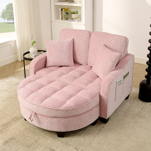 English Elm Two-seater Corduroy Loveseat with Sculptural Asymmetric Design and Hidden Ottoman Storage Pink W487S00465