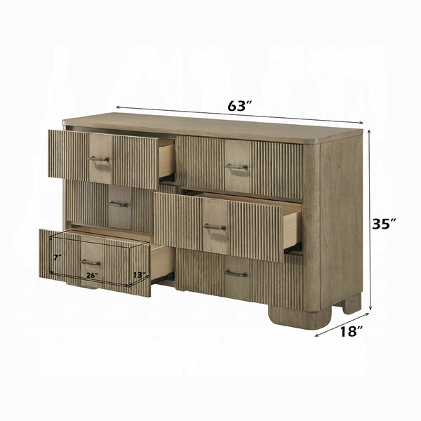 English Elm 1pc Transitional 6-Drawer Dresser in Antique Finish with Reeded Fronts, Felt-Lined Top, Metal Glides Oak 65 L x 21 W x 37 H B2741P408065