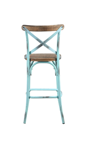 English Elm Zaire Vintage Industrial Armless Bar Chair with Antique Oak Wood Seat & Turquoise Metal X Back, 29" B2726P338126