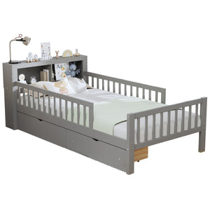 English Elm Twin Size Bed With Headboard Storage, Two Drawers & Safety Guardrails - Stylish Gray Design! N733P272374E-GIGA
