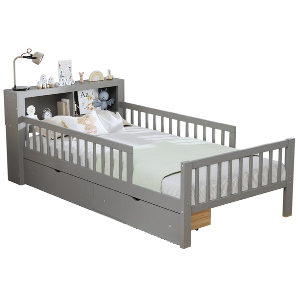 English Elm Twin Size Bed With Headboard Storage, Two Drawers & Safety Guardrails - Stylish Gray Design! N733P272374E-GIGA