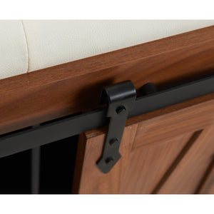 English Elm 56"L, 56"L Mid-Century Walnut Dog Crate Bench Ottoman with Sliding Barn Door, Padded Removable Cushion, Wheels, 300lb耐 N843P293660W