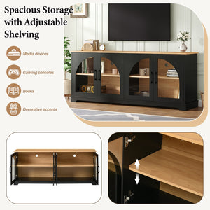 English Elm Farmhouse Media Console with Arched Glass Doors Wood Grain Two Tone Living Room Storage Black N721P411204B