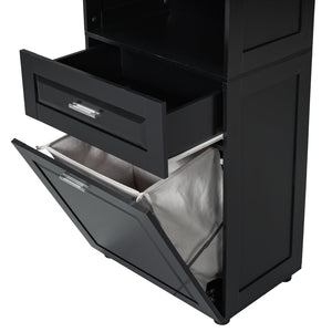 English Elm Tall Bathroom Cabinet with Tilt-Out Laundry Hamper, Adjustable Shelves, Anti-Tip Design & Large Storage Black WF323481AAB