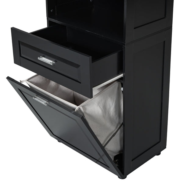 English Elm Tall Bathroom Cabinet with Tilt-Out Laundry Hamper, Adjustable Shelves, Anti-Tip Design & Large Storage Black WF323481AAB