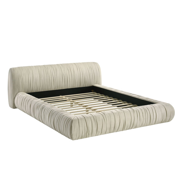 English Elm Platform Queen Bed Pleated Upholstered Frame Low Profile Contemporary Bedroom Furniture Ivory B2741S00838