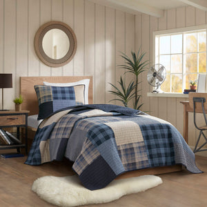 English Elm 2-piece Cotton Patchwork Quilt Set Navy Denim Plaid All Season Twin Bedding B035P463256