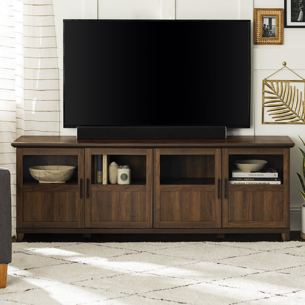 English Elm Walker Edison - Transitional 70" Half-Glass 4-Door TV Stand for 80" TVs Dark Walnut — Soft-Close Doors, Cord Management, Durable MDF B185P169384