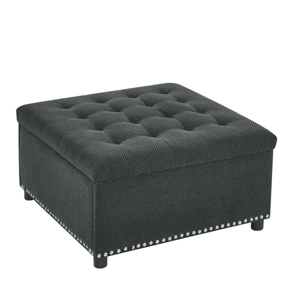 English Elm Storage Ottoman Tufted Nailhead Trim Lift Top Footstool for Living Room or Bedroom Dark Grey W5568P446991
