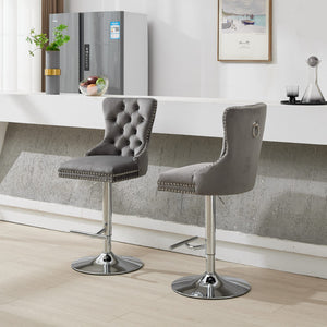 English Elm Thick Velvet Swivel Barstools Adjustable 25-33" Height with 17.7" Chrome Base, Tufted Diamond Pleat Elegance Gray W1143P335043