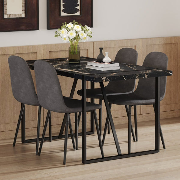 English Elm Table Modern Black Marble Dining Set With 4 Dark Gray Linen Chairs - Stylish, Stable, Easy Assembly W1151S03838-GIGA