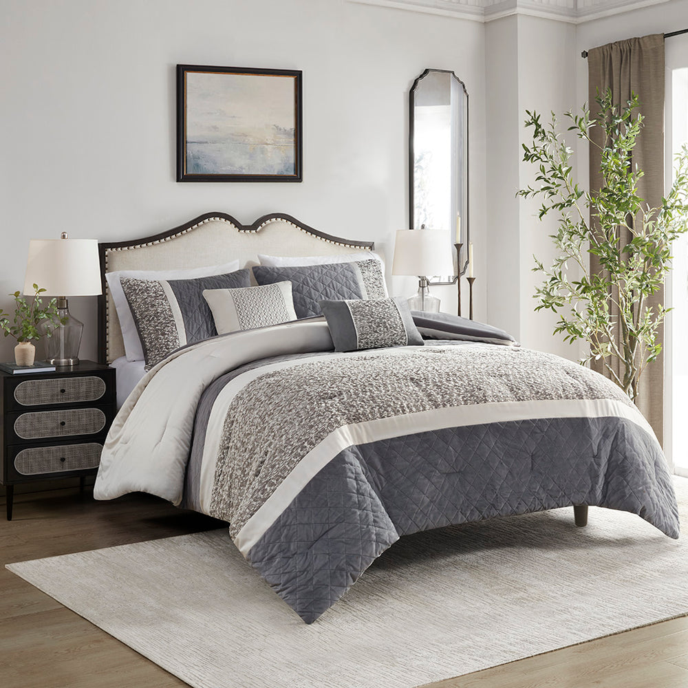 JLA Home Madison Park - 5 Boucle Textured Jacquard Comforter Set with Quilted Mink Panels, Embroidered Pillows & Luxe Neutral Style 92 L x 104 W x 1.5H MP10-8378