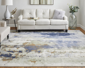 Feizy Rugs Clio Abstract Watercolor Area Rug - Luxurious Machine-made Design With High-low Pile Texture Blue,Orange,Ivory Polypropylene Clo39k1fblumltg00