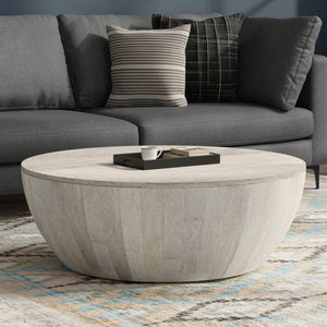 English Elm Elmbrook Round Mango Wood Coffee Table Low Profile Drum Design for Modern Living Rooms White B136P429102