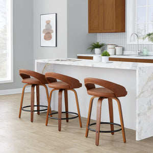English Elm Fixed-height Swivel Counterstools Walnut Frame Camel Faux Leather Kitchen Bar Set B202S01750