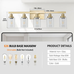 English Elm 31" Golden 5-Light Vanity Light with Clear Glass Shades – Modern Iron Wall Fixture for Bathroom Vanity Mirror Lighting, Hard-Wired (No Bulbs) W1340P206690