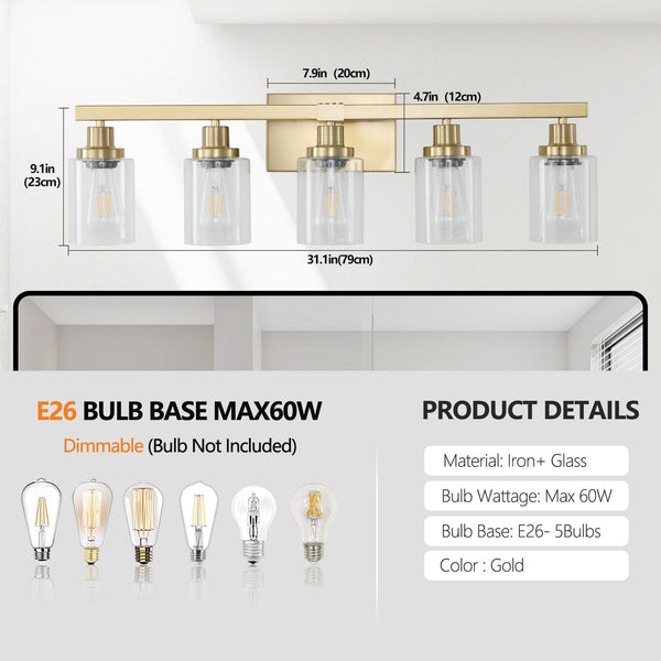 English Elm 31" Golden 5-Light Vanity Light with Clear Glass Shades – Modern Iron Wall Fixture for Bathroom Vanity Mirror Lighting, Hard-Wired (No Bulbs) W1340P206690
