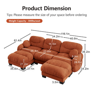 English Elm Pleated Chenille U-shape Sectional Sofa with Ottomans Ergonomic Foam Curved Armrests Orange W5656S00069