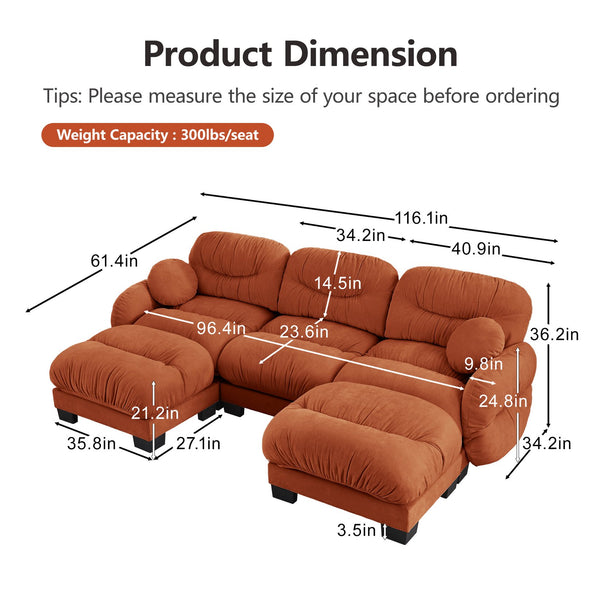 English Elm Pleated Chenille U-shape Sectional Sofa with Ottomans Ergonomic Foam Curved Armrests Orange W5656S00069