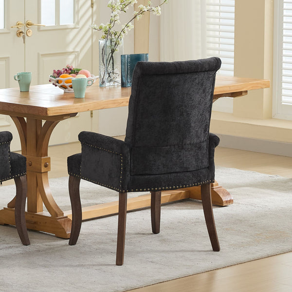 English Elm Upholstered Chenille Dining Chair with Hand-Tufted Back, Curved Solid Wood Legs, Comfortable Armseat Black W1143P346928
