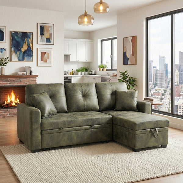 English Elm Sleeper Sectional Sofa with Pull Out Bed Storage Chaise Tufted Olive Fabric W5568S00036