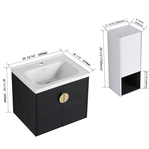 English Elm 24" Wall-Mounted Bathroom Vanity With Ceramic Sink & Side Cabinet - Soft Close Doors, Stylish Storage W999S00328