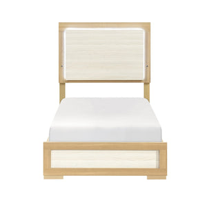 English Elm Contemporary LED Panel Queen Bed with Integrated Lighting, Sleek Wooden Frame and Modern Headboard Design Natural,White 45.75 L x 30.75 W x 5.75 H B011S01706