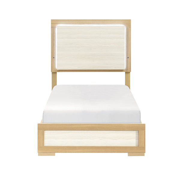 English Elm Contemporary LED Panel Queen Bed with Integrated Lighting, Sleek Wooden Frame and Modern Headboard Design Natural,White 45.75 L x 30.75 W x 5.75 H B011S01706