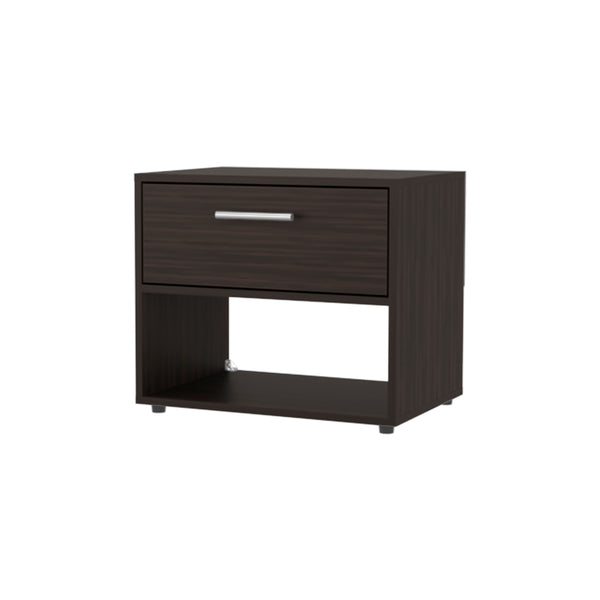 English Elm FM Round Rock Nightstand Stained Walnut with Drawer & Open Shelf, Modern Compact Bedroom Storage B128P283300