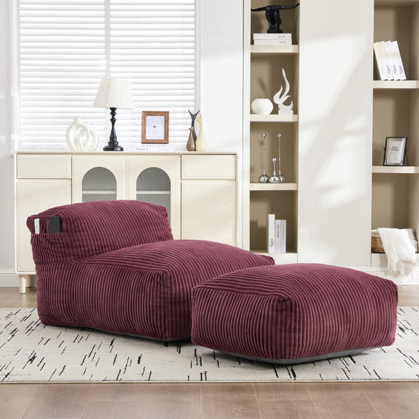 English Elm Big Corduroy Lounger Bean Bag with Ottoman Memory Foam Fill for Living Room Wine Red W395P435354
