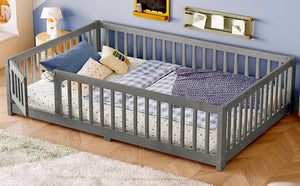 English Elm Twin Floor Bed Solid Pine Frame with Guardrails and Door for Safe Kid Sleep W1580P433578