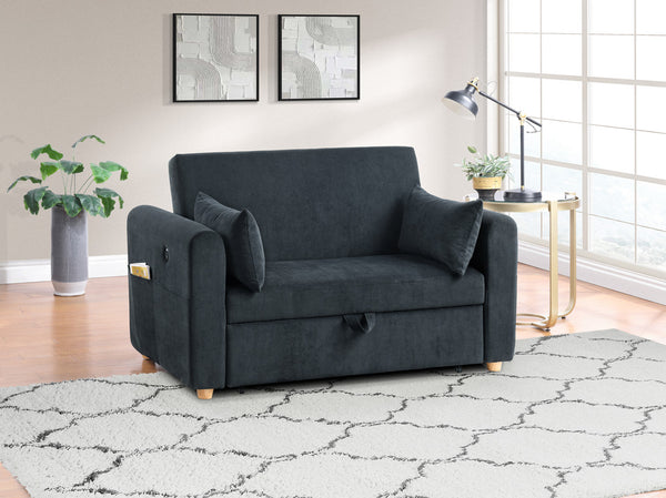 English Elm Mireille Corduroy Convertible Sleeper Loveseat with Usb Charging and Storage Pockets Black B2749P413228