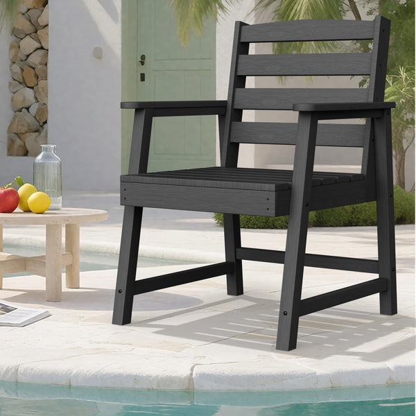 English Elm Single imitation wood grain outdoor dining chair with armrests, waterproof, UV-resistant comfort and durable support Black T3898P371310