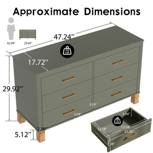 English Elm 6-drawer Double Dresser Solid Wood Legs Mid-century Modern Bedroom Storage Cabinet Olive W1445S00005