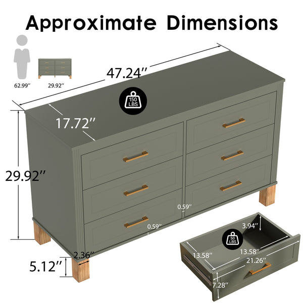 English Elm 6-drawer Double Dresser Solid Wood Legs Mid-century Modern Bedroom Storage Cabinet Olive W1445S00005