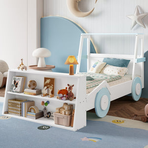 English Elm Twin Pine Treehouse Floor Bed with Padded Rails and Cabin Roofline for Kids White+Blue W1580S00470