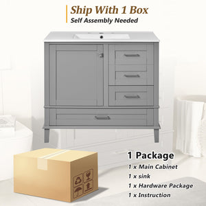 English Elm 36" Grey Bathroom Vanity Solid Pine Frame with Soft-Close Door, 3 Drawers, Ceramic Top, Modern Durability and Storage (36"W) N729P211167E