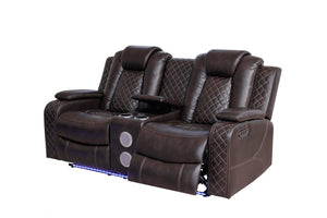 English Elm Violetglow Reclining Sofa with Led Lighting Wireless Charging and Bluetooth Speakers Brown B2730S00033