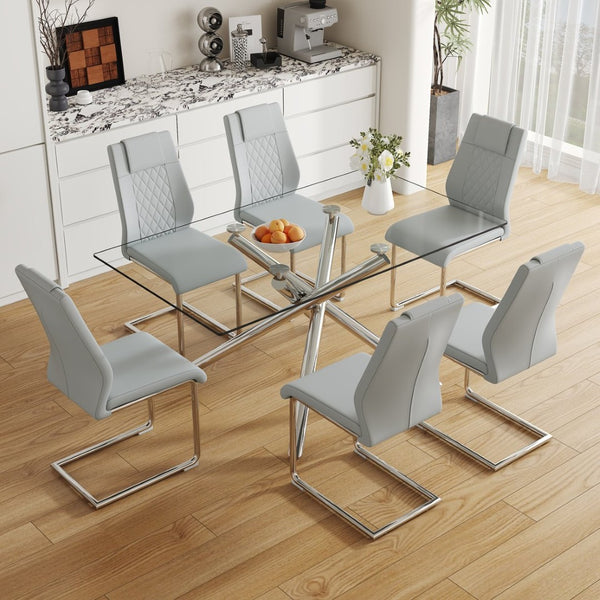 English Elm Table Modern Luxurious 7-Piece Transparent Glass Dining Set With 6 Light Gray Pu Chairs & Metal Legs W1151S04132-GIGA