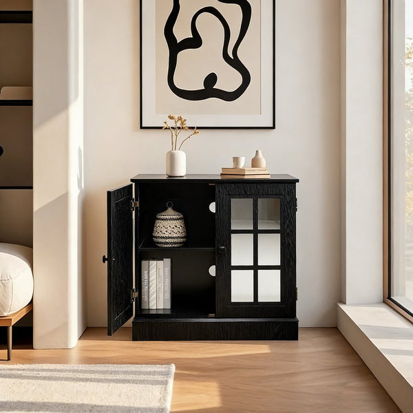 English Elm Storage Sideboard with Mirrored Acrylic Doors and Wood Grain Mdf Finish for Compact Rooms Black W2899P372748