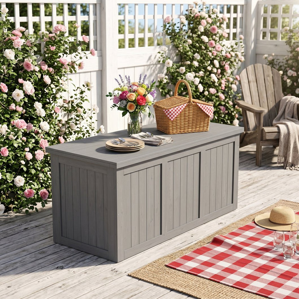English Elm 67 Gallon Solid Wood Outdoor Deck Box with Seat and Tabletop for Patio Storage W2640P327221