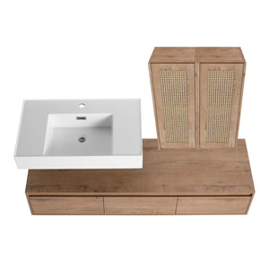 English Elm 60-Inch Wall-Mounted Bathroom Vanity With Integrated Resin Sink, Soft-Close Drawers & Elegant Oak Finish W999S00358
