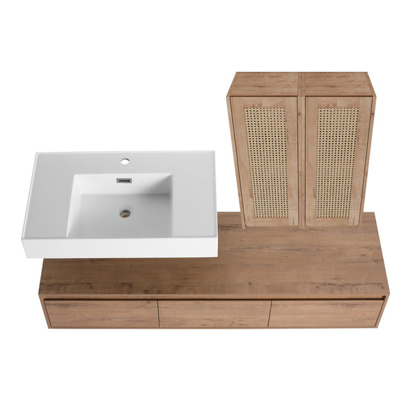 English Elm 60-Inch Wall-Mounted Bathroom Vanity With Integrated Resin Sink, Soft-Close Drawers & Elegant Oak Finish W999S00358